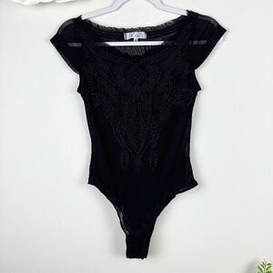 S. LINE Black Short Sleeve Bodysuit Front Woven Design / Size Medium